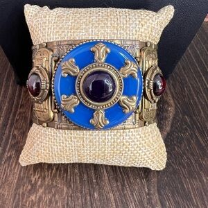 Patrice Egyptian Revival Antiqued Brass Bavarian Glass Cuff Bracelet D14